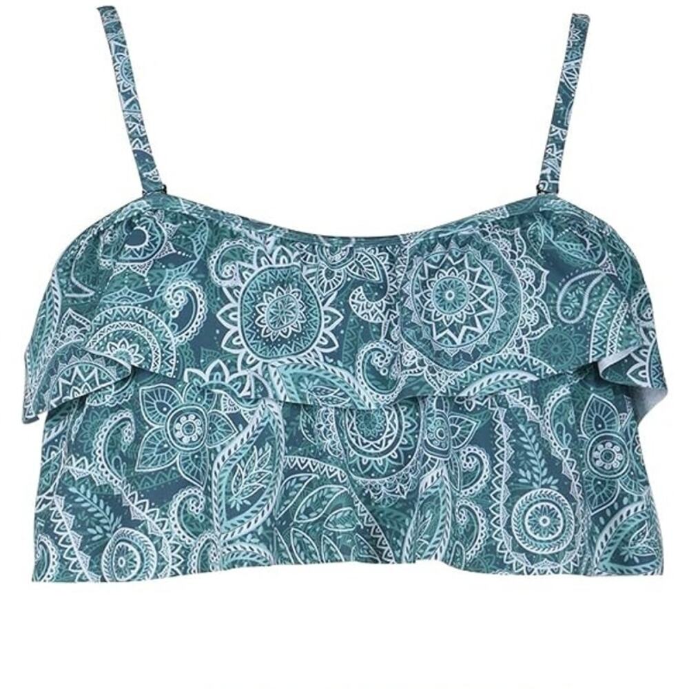 Rocorose Green Paisley Flounce Bikini Top Ruffle Swim Nylon Spandex Small